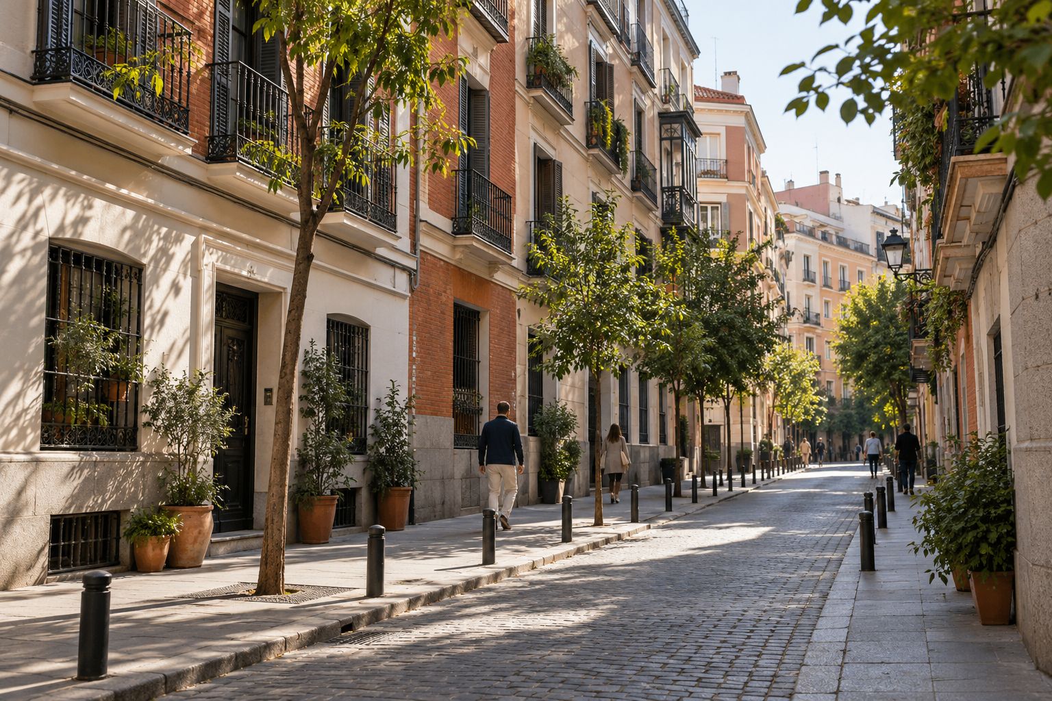 A Madrid residential street with balconies, trees and building facades in natural sunlight.