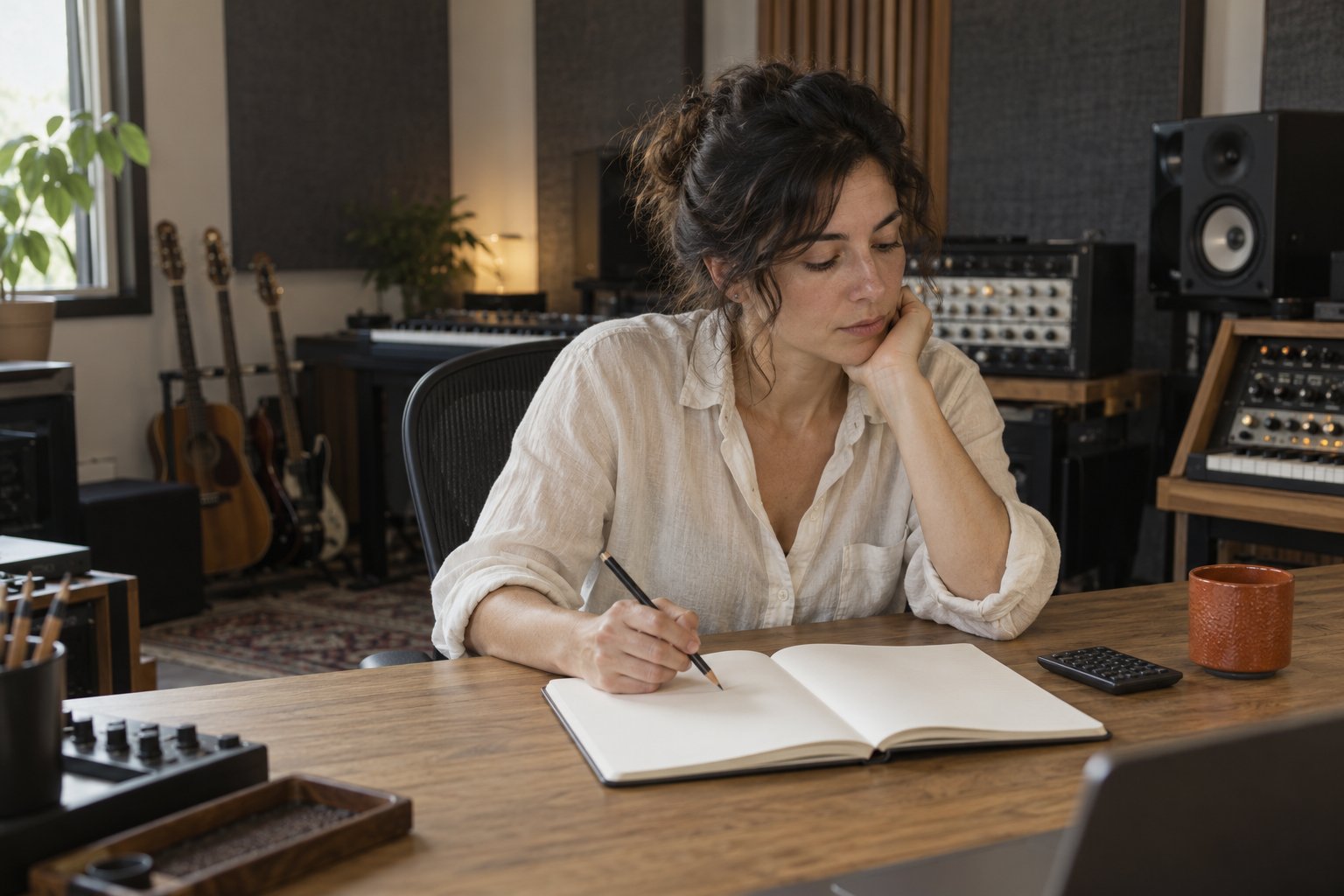 A producer organises episode planning notes at a desk inside an audio studio.