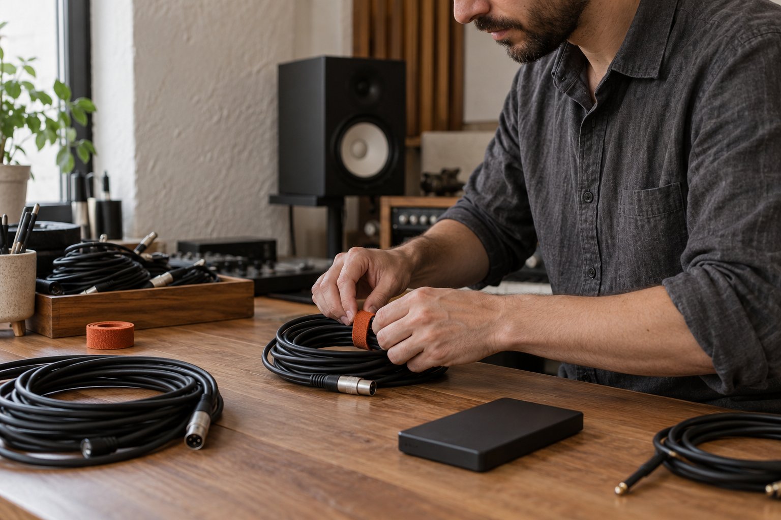 An engineer arranges cables and a portable drive beside an audio mixing desk.