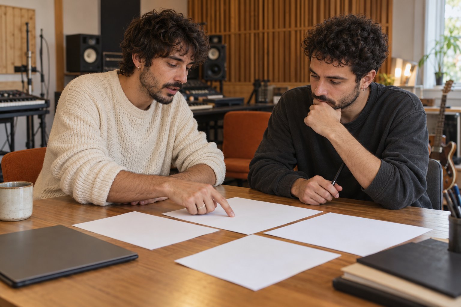 Two collaborators review music project paperwork together at a studio working table.
