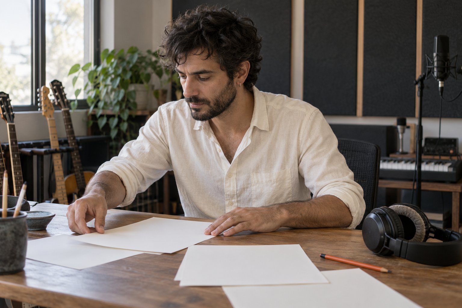 A musician reviews preparation papers beside a microphone before an audio recording session.