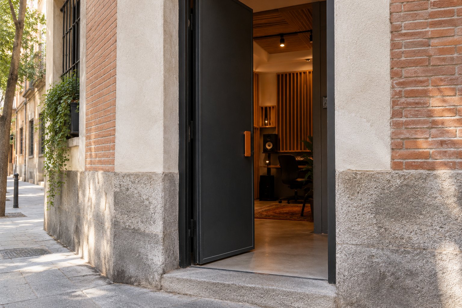 Illustrative entrance to an audio workspace on a street with Madrid-style architecture.