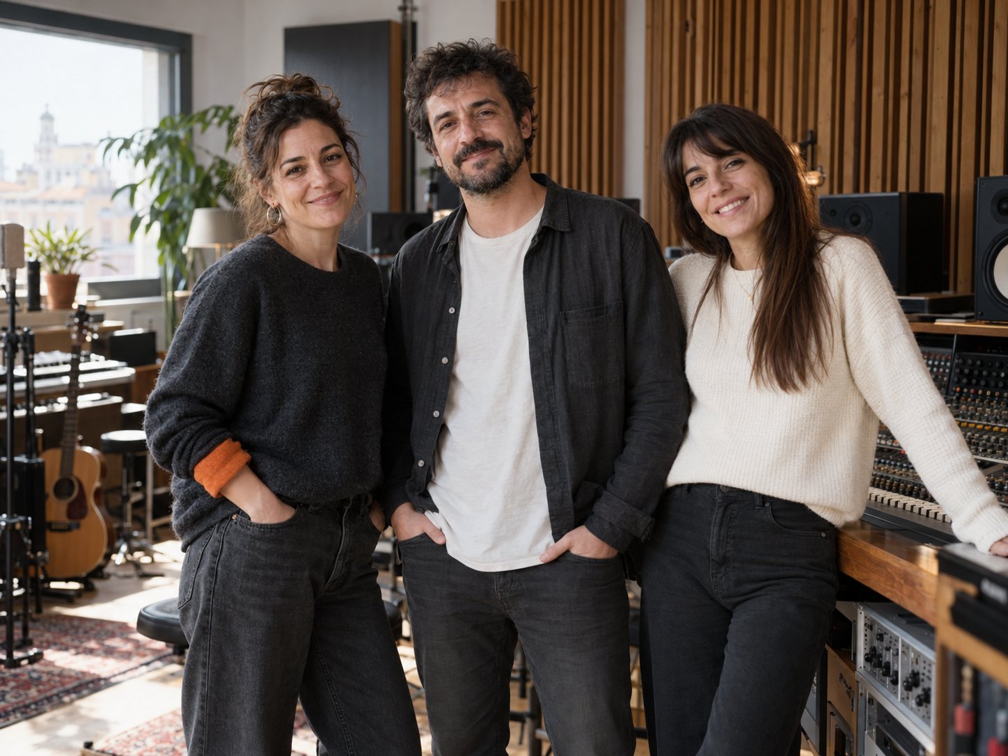 Three adults pose informally in an illustrative audio production workspace with acoustic panels.