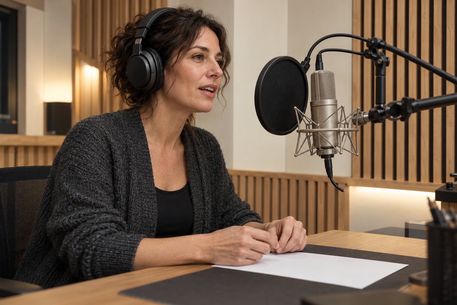A voice artist wearing headphones reads at a microphone in a recording space.